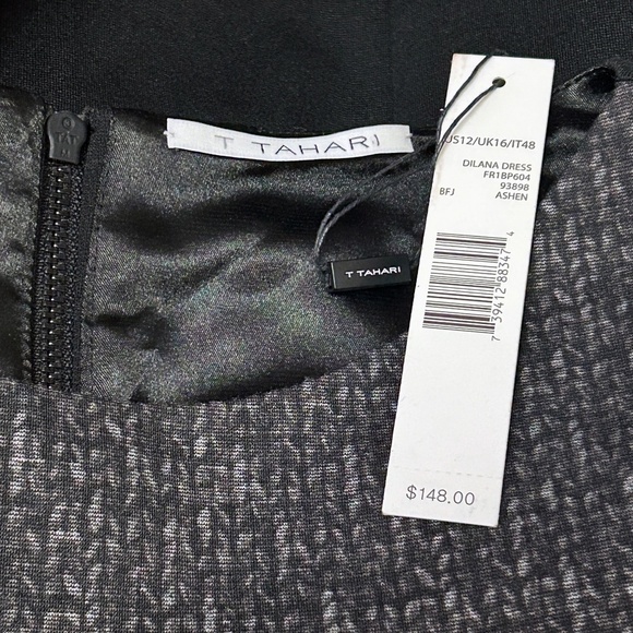 T Tahari Dilana Dress Rayon Blend Sheath Scuba Ashen Mesh Inserts Stretch Lined - Picture 13 of 16